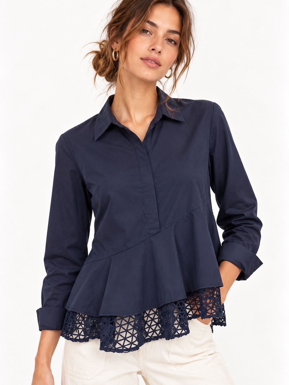 Anthropologie HD in Paris Tiered Crochet Poplin Top Blouse in Navy Blue